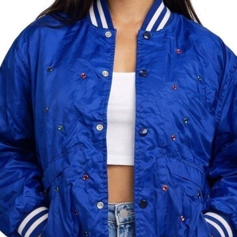 Vtg King Louie Pro Fit Rhinestone Varsity Jacket S Blue Satin USA Western Rocker